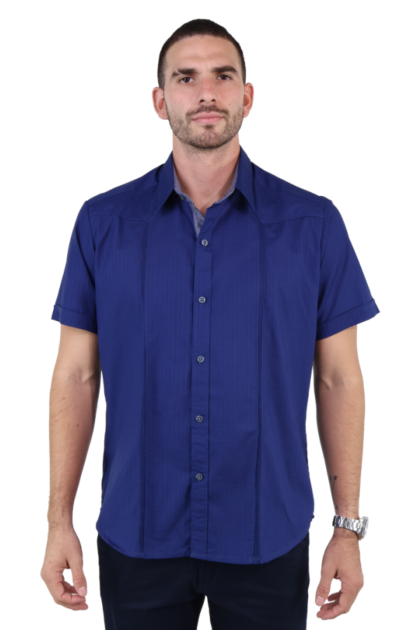 Guayabera Azul Marino De Algodón Manga Corta Con Alforzas Para Hombre